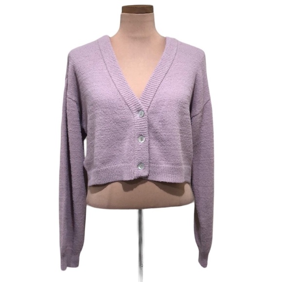 BCBGeneration Cropped Cardigan Sweater Size Large Pastel Purple Fuzzy Texture - Picture 1 of 11